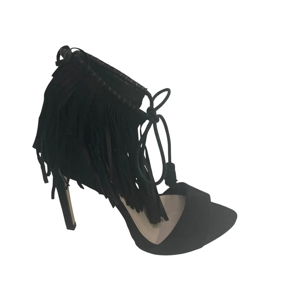 Zara Basic‎ Collection Black Suede Fringe Tassel Lace Up Stiletto Heels Size 38